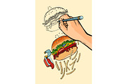 The artist s hand draws a Burger