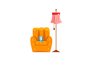 Retro armchair and floor lamp, old