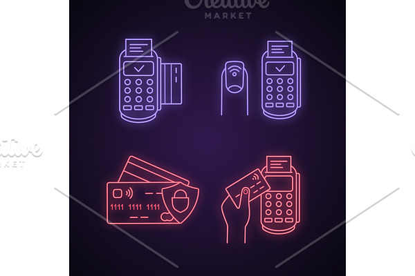 NFC payment neon light icons set