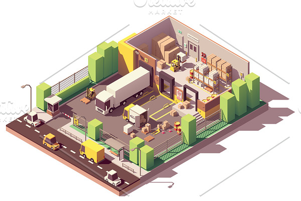 Vector isometric low poly warehouse