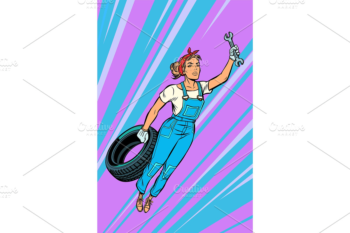 woman mechanic tire flying superhero in Illustrations - product preview 8