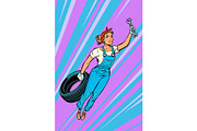 woman mechanic tire flying superhero