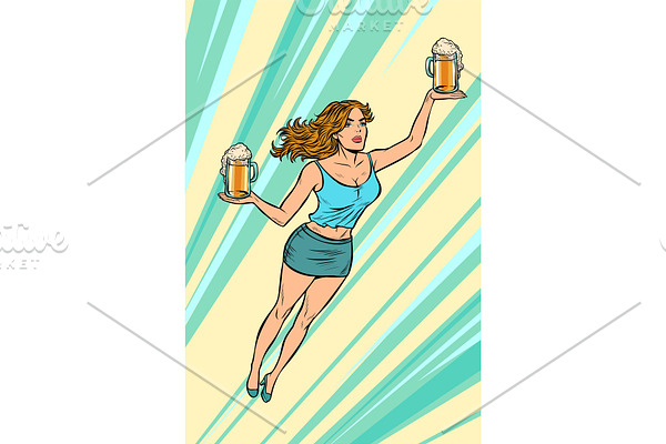 waitress carries beer flying