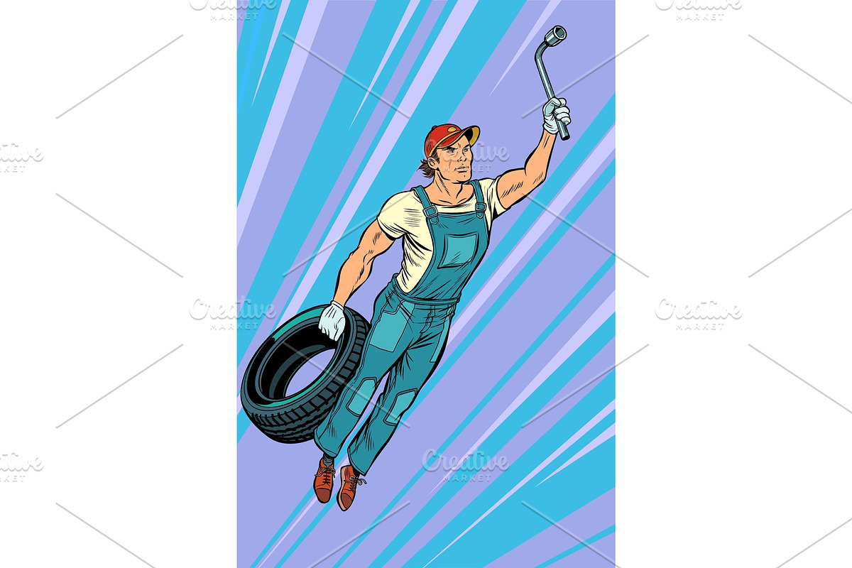 man mechanic tire. flying superhero in Illustrations - product preview 8