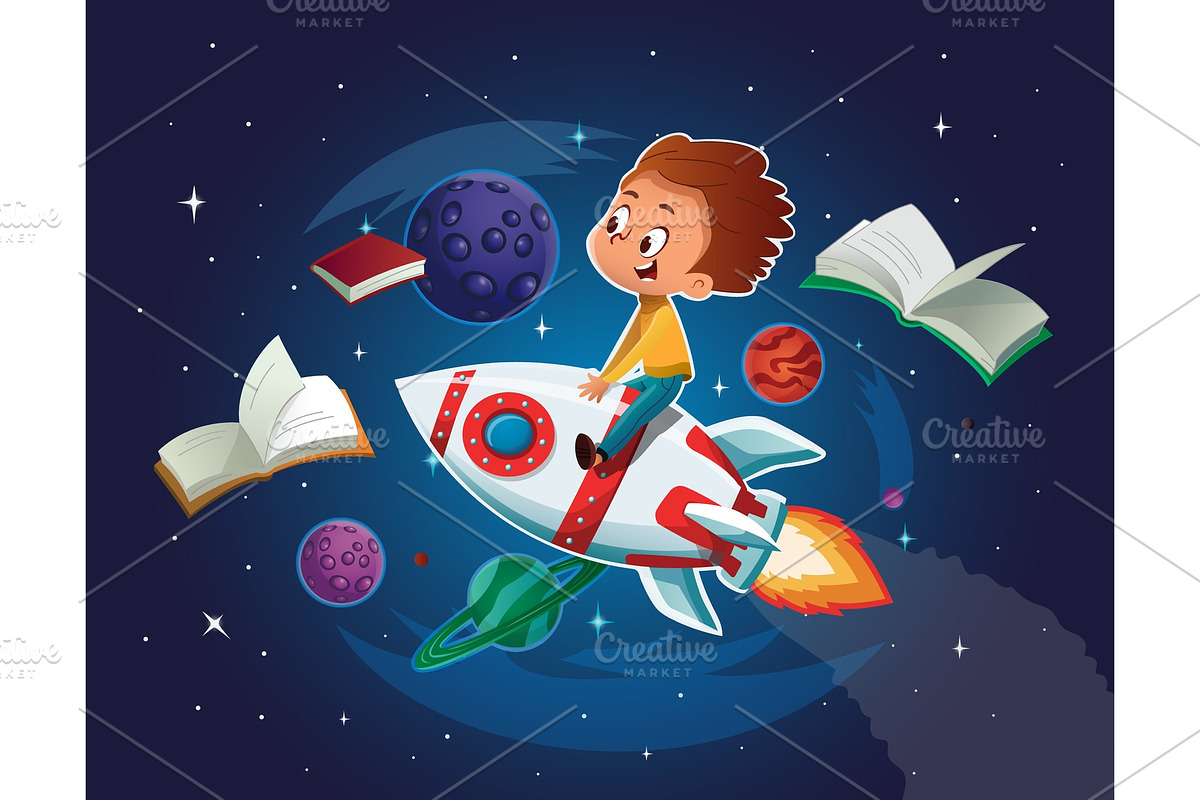 Boy driving an toy space rocket in Illustrations - product preview 8