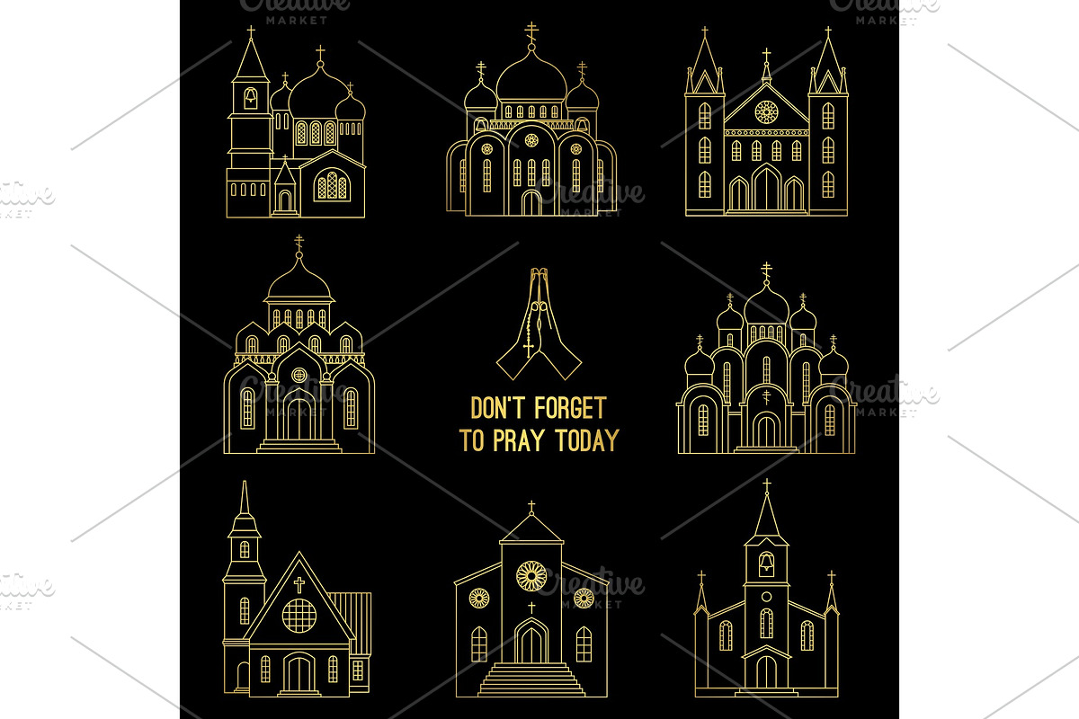 Gold line christian church set in Illustrations - product preview 8