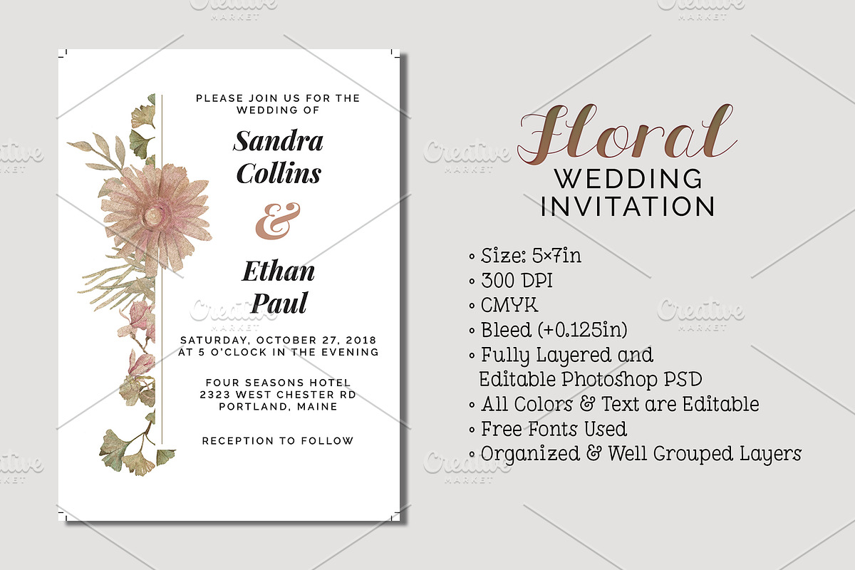 Floral Wedding Invitation in Wedding Templates - product preview 8