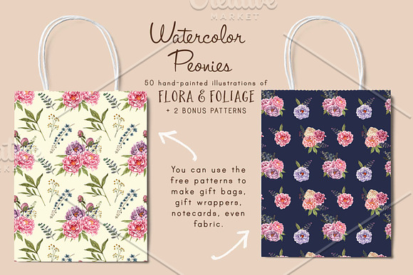 Watercolor Peonies & Foliage in Illustrations - product preview 3