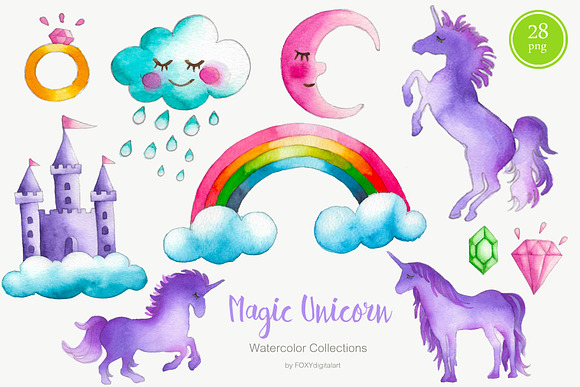 Watercolor Unicorn Clipart Nursery  in Illustrations - product preview 1