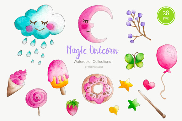 Watercolor Unicorn Clipart Nursery  in Illustrations - product preview 2