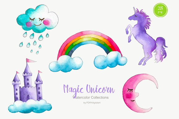 Watercolor Unicorn Clipart Nursery  in Illustrations - product preview 3