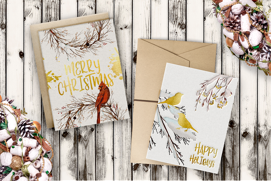 Christmas Birds.Gold & color mockup in Illustrations - product preview 8