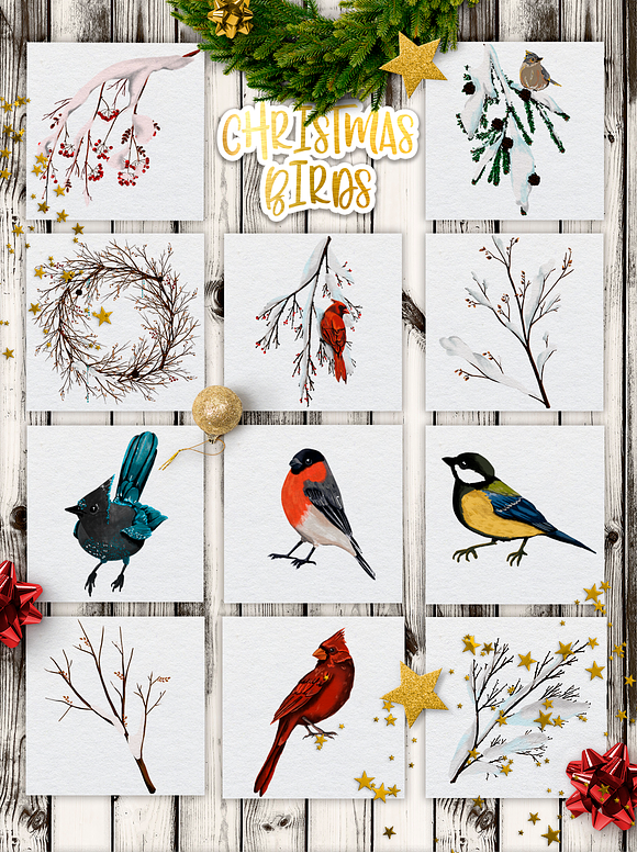 Christmas Birds.Gold & color mockup in Illustrations - product preview 1