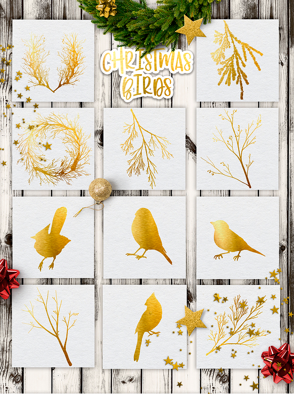 Christmas Birds.Gold & color mockup in Illustrations - product preview 2
