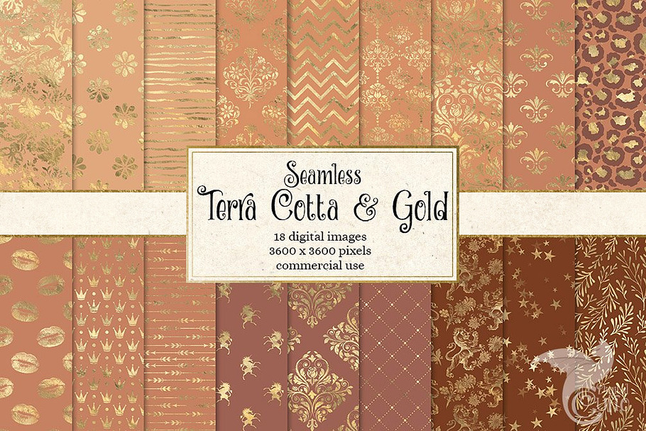 Terra Cotta and Gold Digital Paper in Patterns - product preview 8