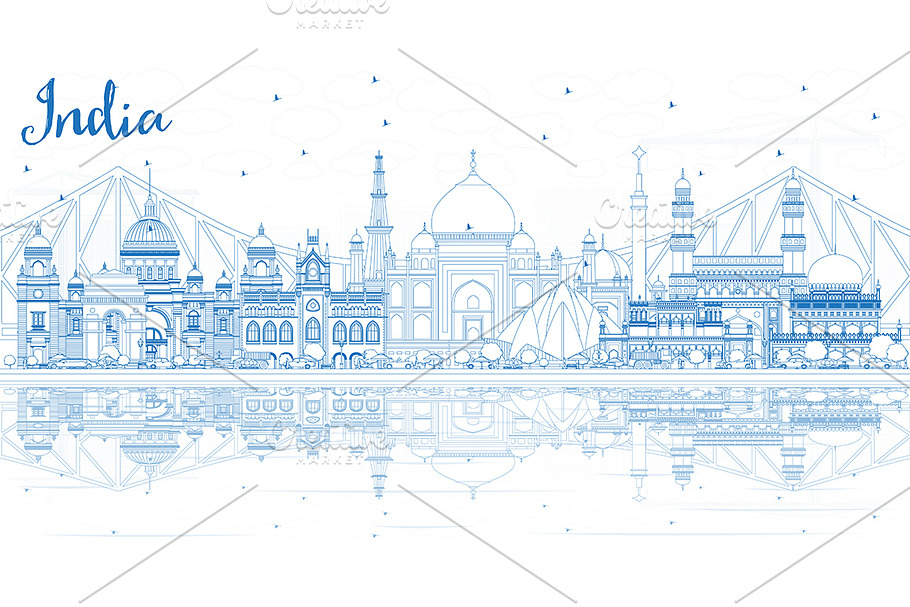 Outline India City Skyline with Blue in Illustrations - product preview 8