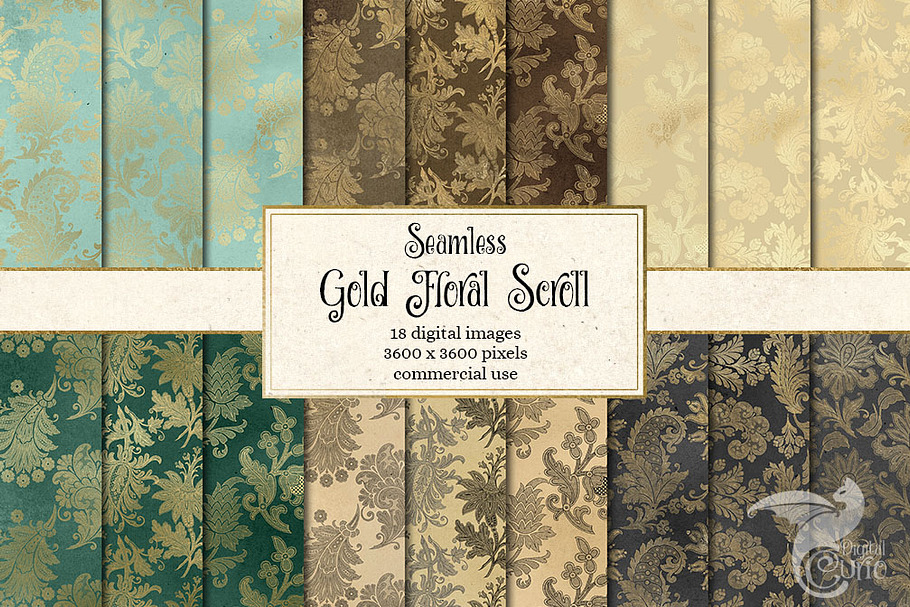 Gold Floral Scroll Digital Paper