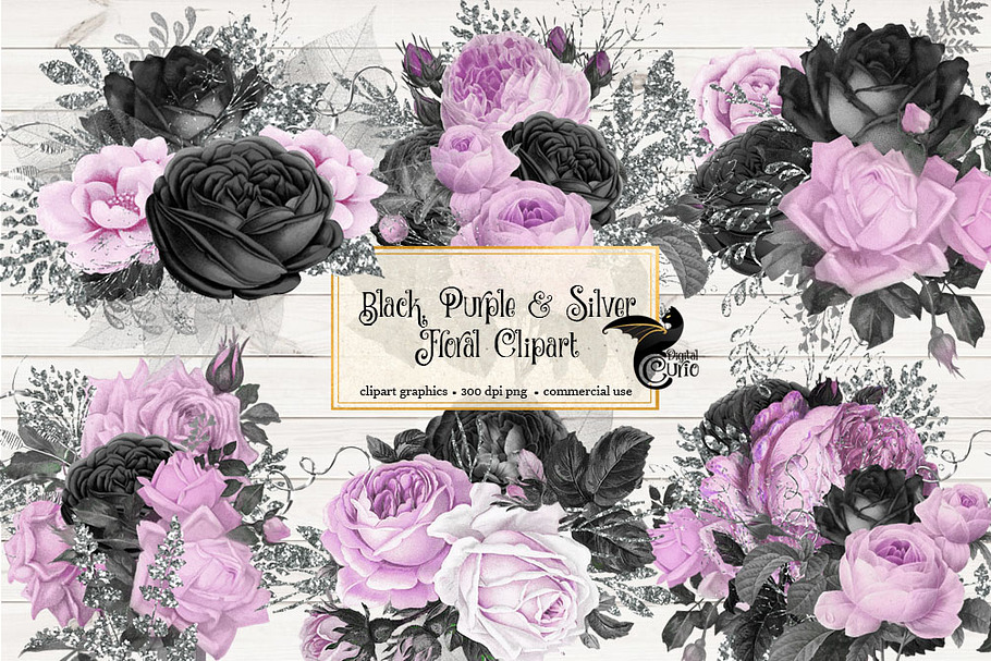 Black Purple & Silver Floral Clipart