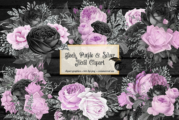 Black Purple & Silver Floral Clipart in Illustrations - product preview 1