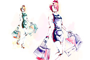 Woman with shopping bags, watercolor