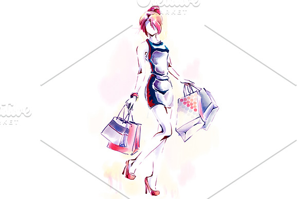 Woman with shopping bags, watercolor in Illustrations - product preview 1