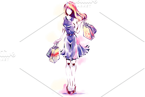 Woman with shopping bags, watercolor in Illustrations - product preview 1
