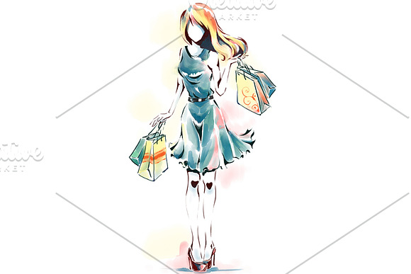 Woman with shopping bags, watercolor in Illustrations - product preview 2