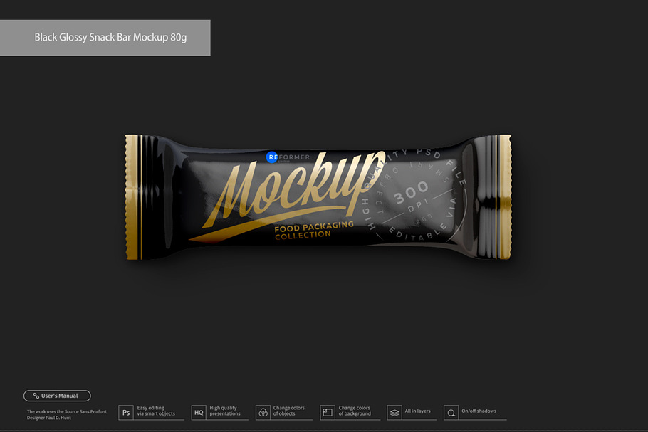 Black Glossy Snack Bar Mockup 80g