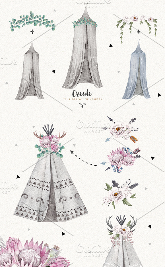 BOHO TENTS  watercolor set in Illustrations - product preview 1