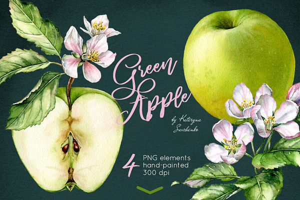 Green Apple Bloom. Watercolor set