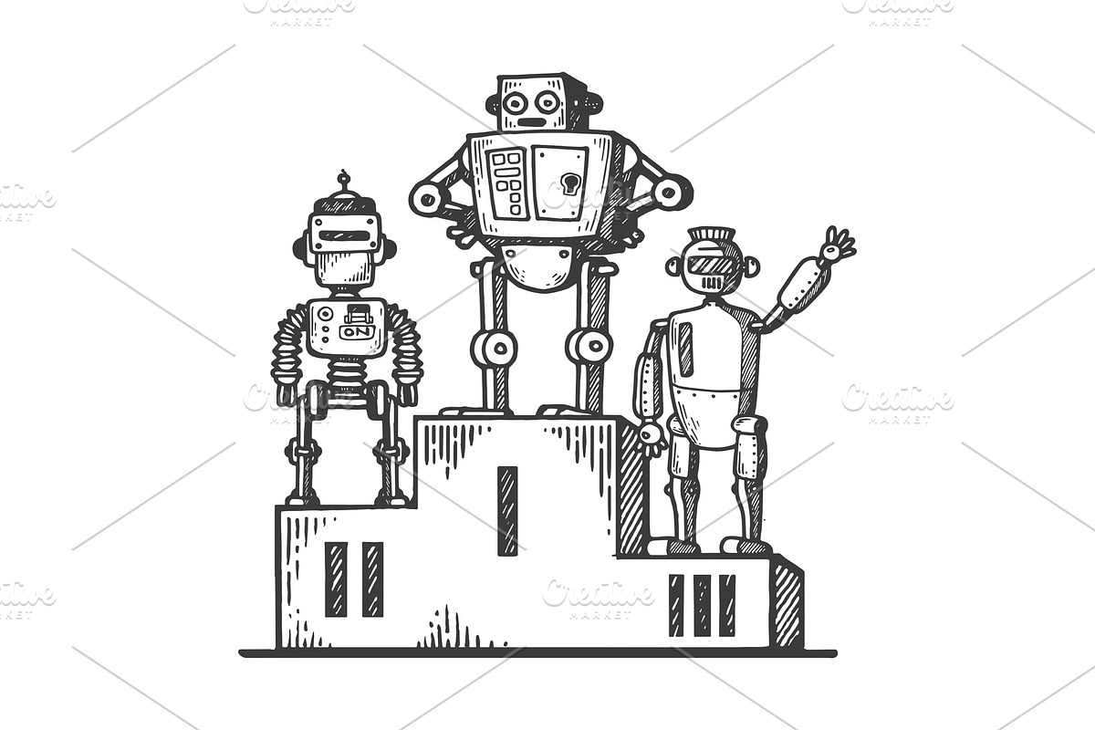 Robots on sport pedestal engraving in Illustrations - product preview 8