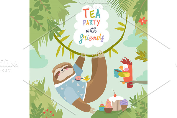 Vector card with cute sloth and