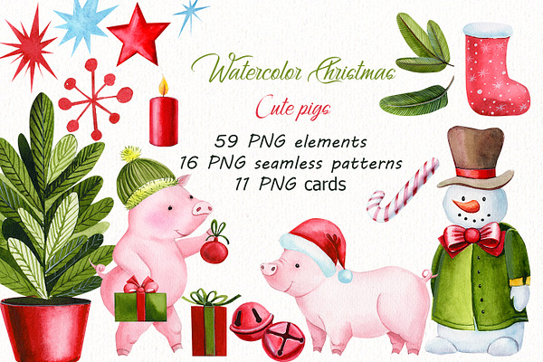 Watercolor Christmas, Cute Pigs