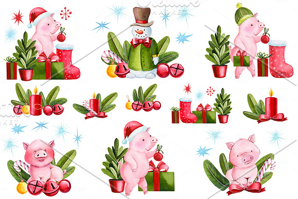 Watercolor Christmas, Cute Pigs in Illustrations - product preview 1