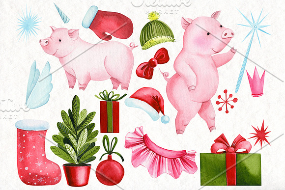 Watercolor Christmas, Cute Pigs in Illustrations - product preview 6