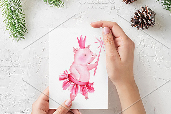 Watercolor Christmas, Cute Pigs in Illustrations - product preview 12