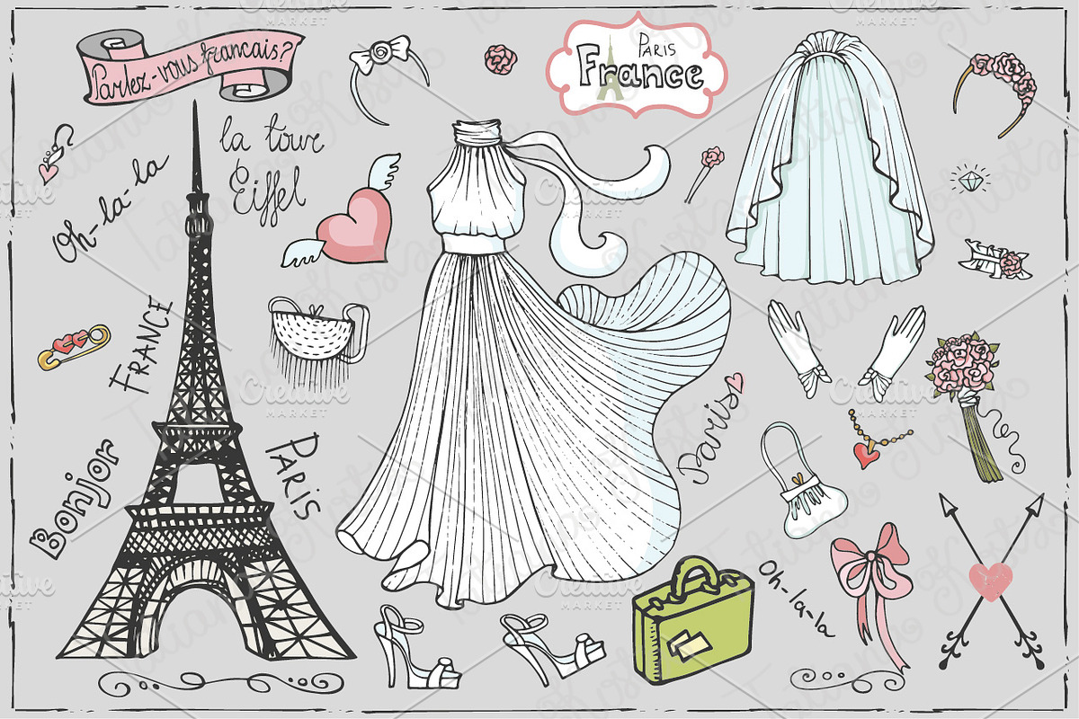 Paris bridal doodle.Fashion set in Illustrations - product preview 8