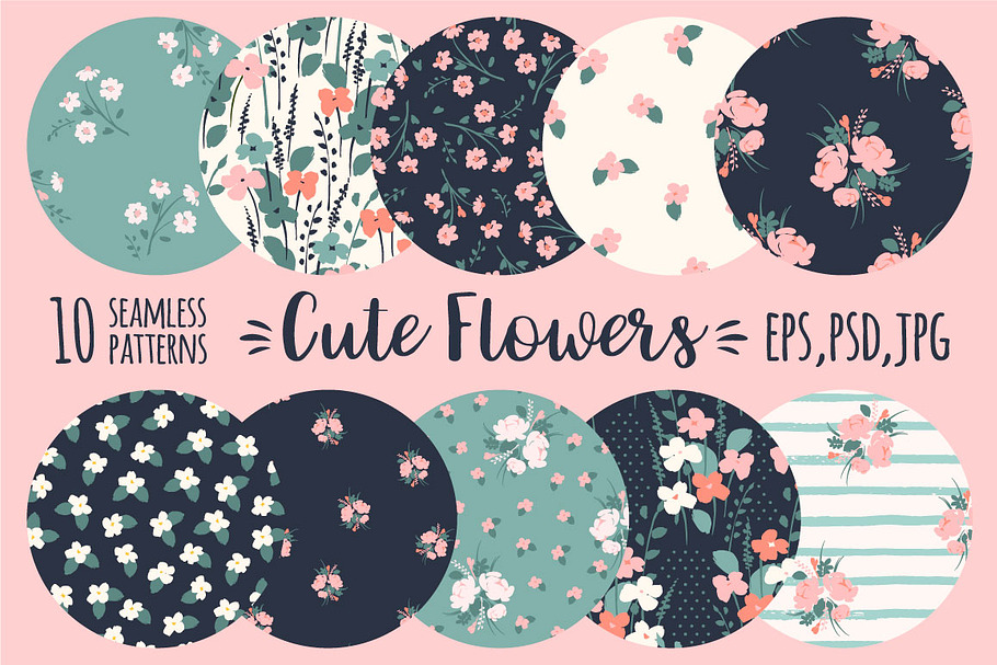 Cute flowers. 10 seamless patterns.