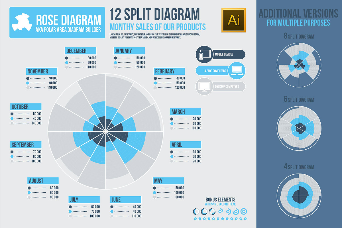 Rose Diagram Infographic Buildertool in Photoshop Shapes - product preview 8