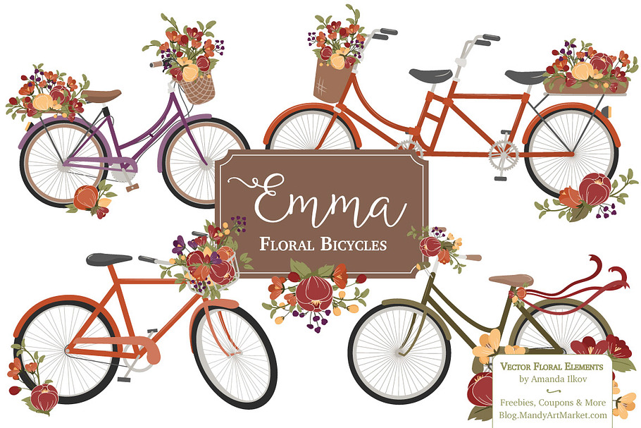 Autumn Floral Bicycle Vectors in Illustrations - product preview 8