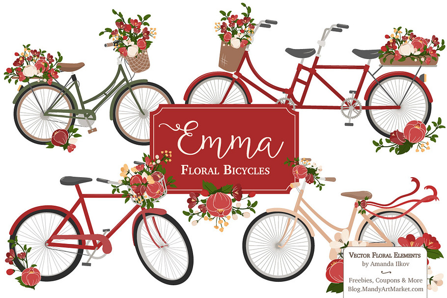 Floral Christmas Bicycles Clipart in Illustrations - product preview 8