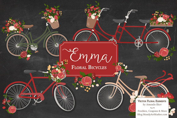 Floral Christmas Bicycles Clipart in Illustrations - product preview 1