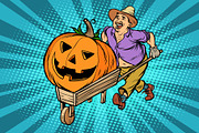 Halloween pumpkin. farmer, man with