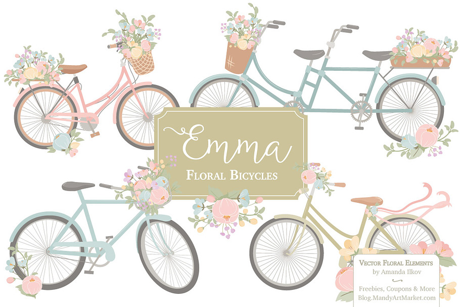 Pastel Floral Bicycle Vectors in Illustrations - product preview 8
