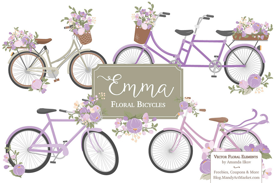 Lavender Floral Bicycles Clipart in Illustrations - product preview 8