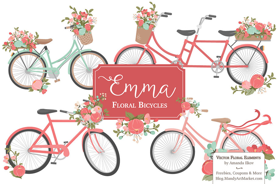 Mint & Coral Floral Bicycles in Illustrations - product preview 8