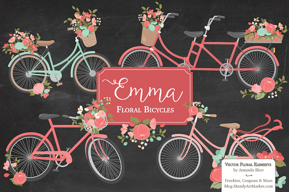 Mint & Coral Floral Bicycles in Illustrations - product preview 1