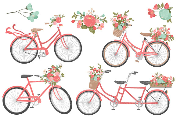 Mint & Coral Floral Bicycles in Illustrations - product preview 2