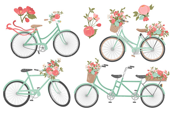 Mint & Coral Floral Bicycles in Illustrations - product preview 3