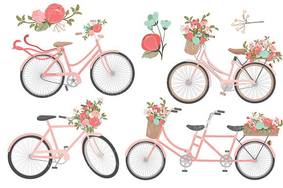 Mint & Coral Floral Bicycles in Illustrations - product preview 4
